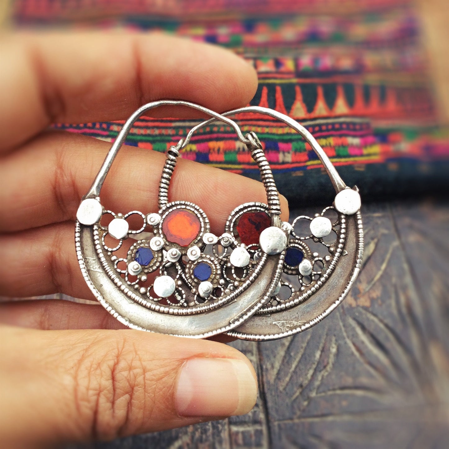 Boucles d'oreille tribales anciennes Pakistan Pashtun - Créoles antiques argent collection - Bijou ethnique Vvntage