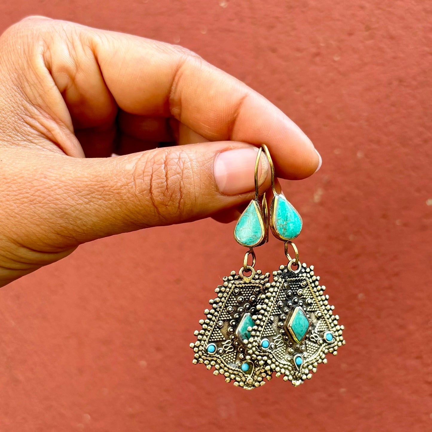 Boucles d’oreille turquoise ethniques tribales pierre verte, Style boho asiatique danse orientale gypsy bohème, Bijou afghan, Cadeau femme