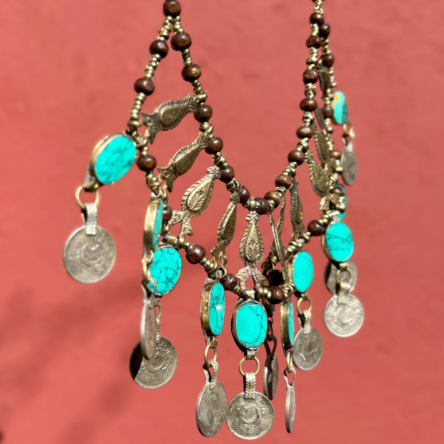 Collier oriental tribal, Collier plastron pierre verte ethnique, Bijou afghan persan tribu, Collier gypsy boho tribal fusion danse orientale