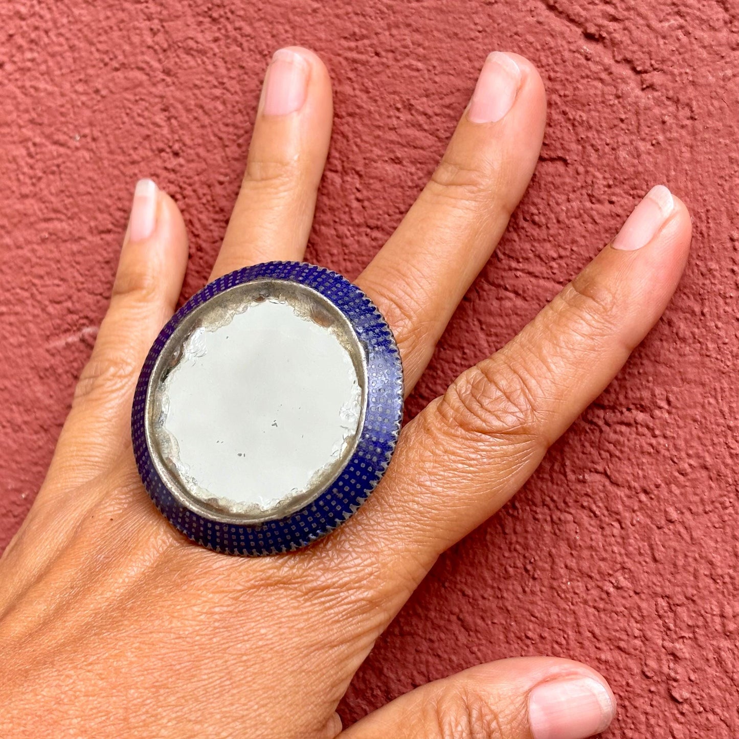 Bague Argent Émaux Bleus Multan Pakistan - Grande Bague Ronde Tribale Miroir Ethnique Vintage Collection