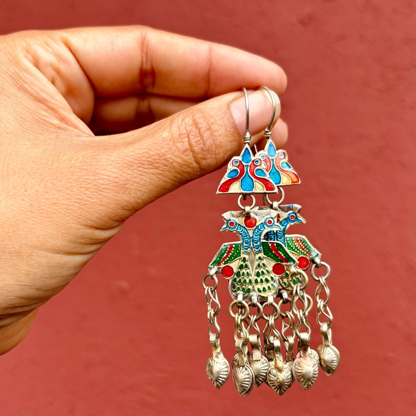 Boucles d’oreille émaillées orientales, Paons,Bijou tribal ethnique, asiatique, Vintage Rétro Afghan, Costume tribal, Artisanat Afghanistan