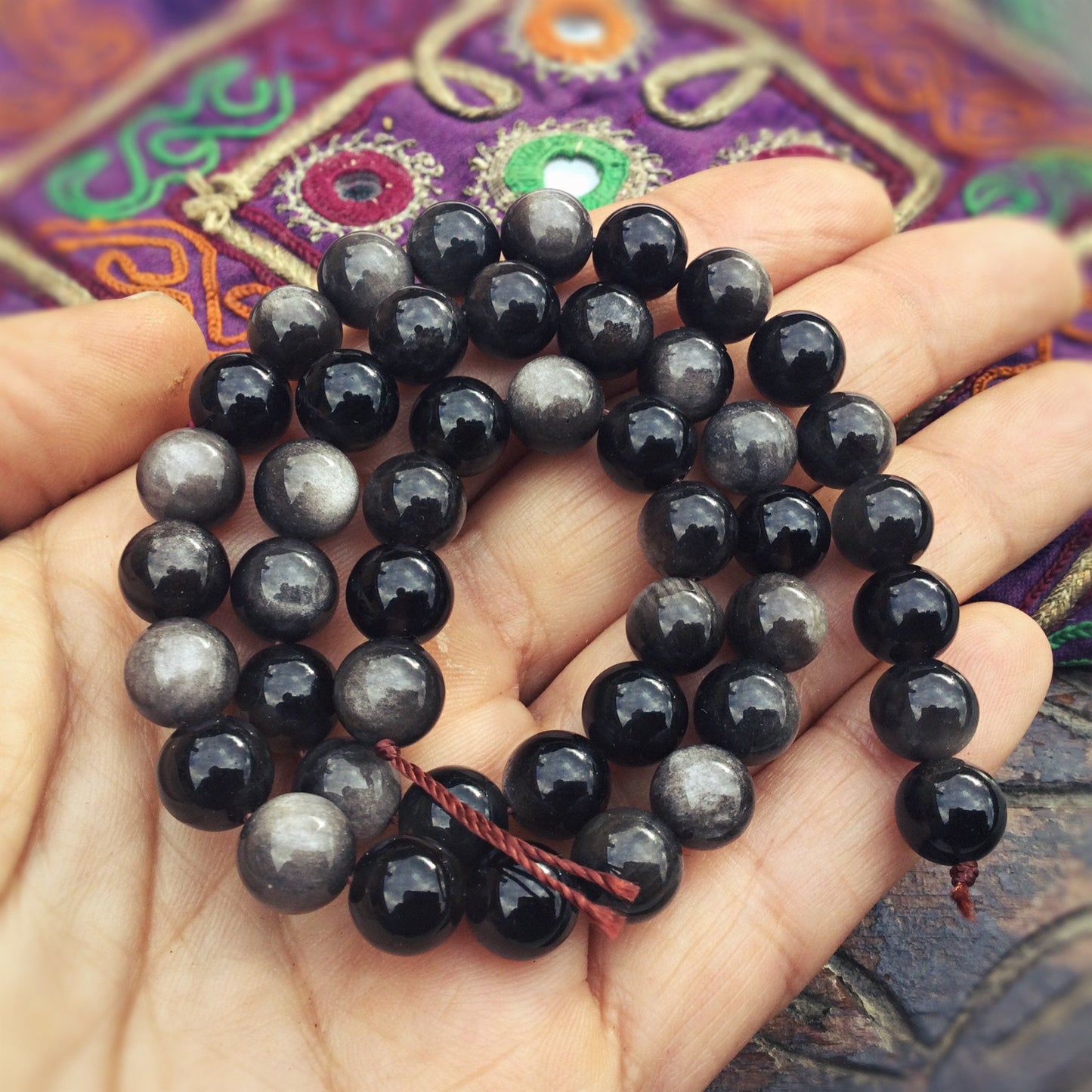 Obsidienne silver, 1 rang de perles rondes lisses 8 mm, Perles pierre naturelle, Obsidienne naturelle, Perles noires grises