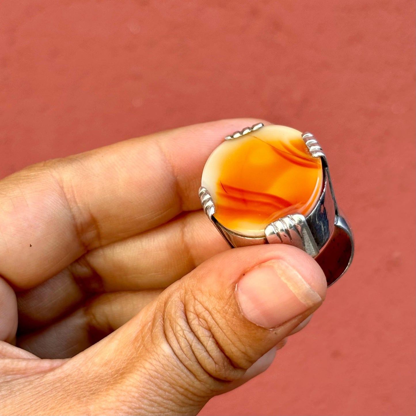 Bague Argent Agate Ovale Afghanistan Ancienne - Anneau Homme Oriental Islamique Perse Aqeeq - Pierre Protection