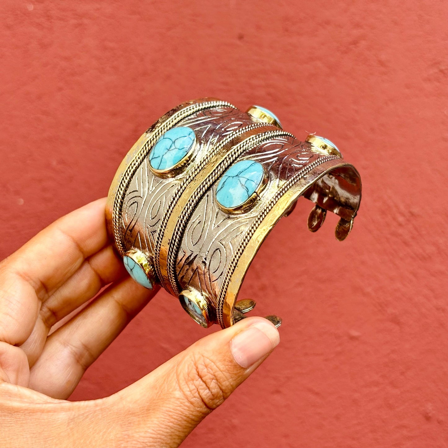 Bracelet manchette ethnique turquoise argenté boho - Bijou Turkmène afghan pierre bleue style bohème oriental