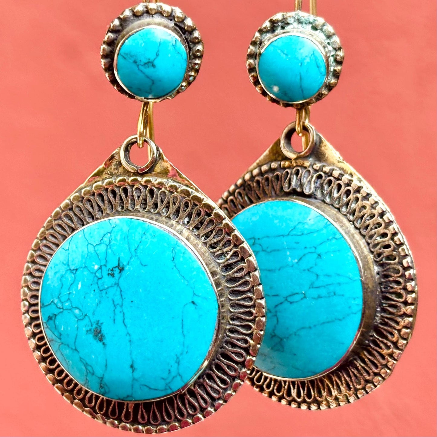 Boucles d’oreille rondes turquoise orientales boho, Boucles d’oreille argenté pierre bleue, Bijou tribal ethnique asiatique, Cadeau femme