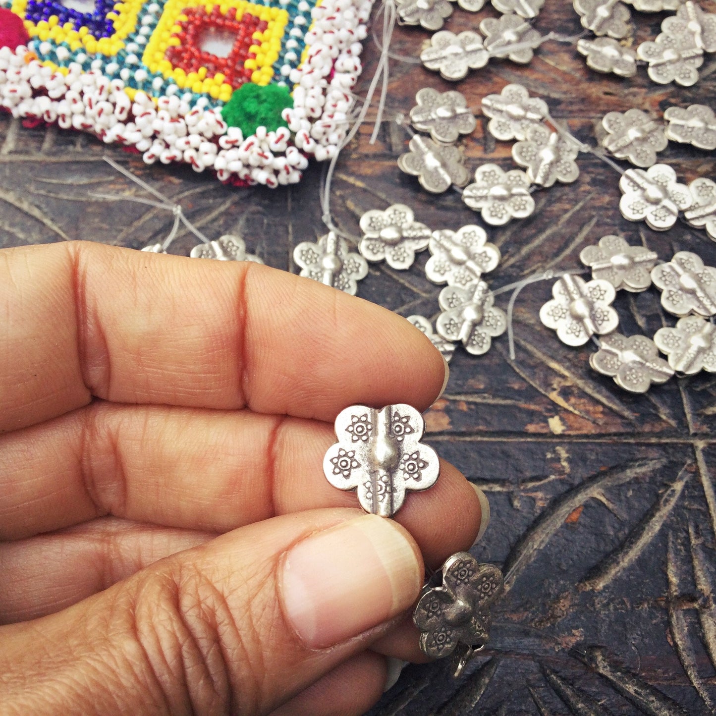 Perles fleur argent Thaïlande, Perles vintage tribu Karen, Perles tribales ethniques vintage, Fournitures création fabrication bijoux