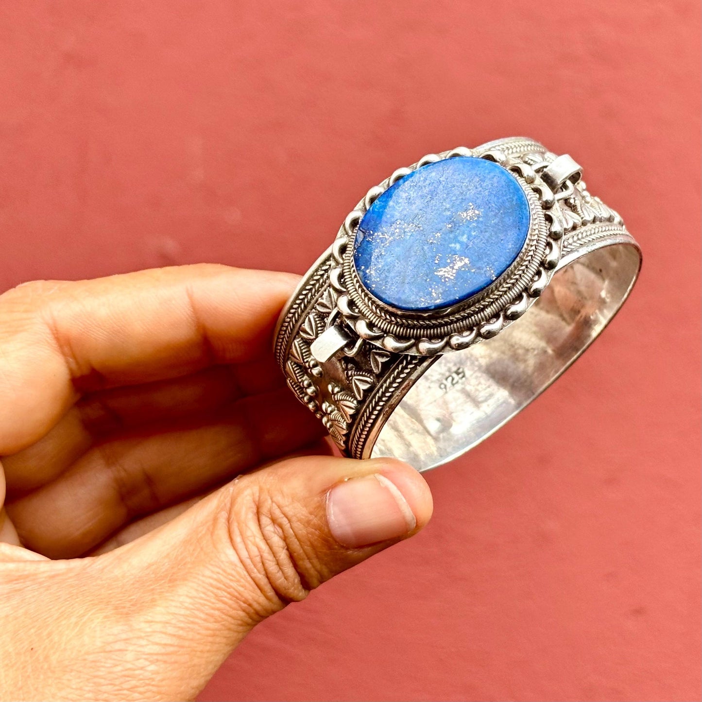 Bracelet argent sterling lapis-lazuli - Manchette ethnique vintage orientale boho indien Rajasthan