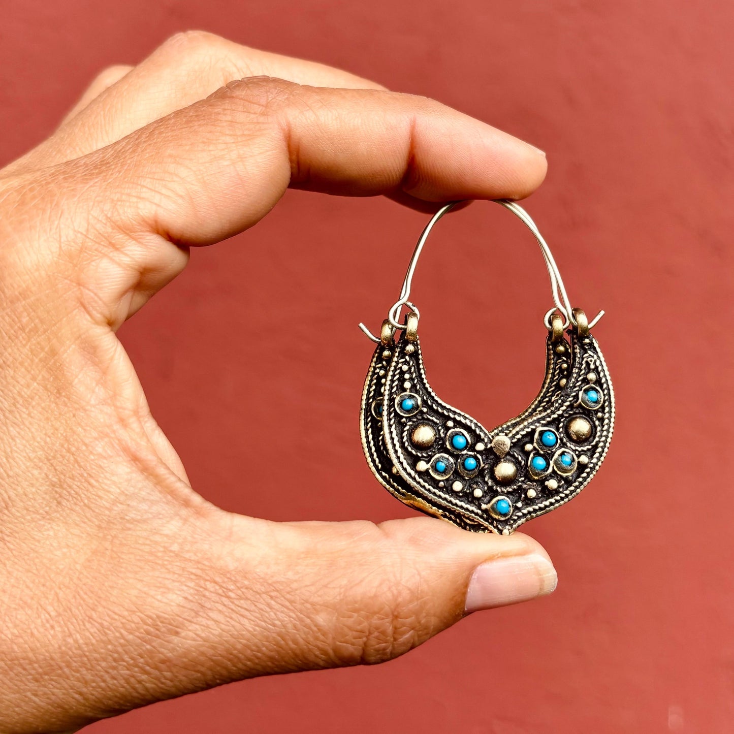 Créoles tribales afghanes boho avec verre bleu - Anneaux ethniques danse orientale