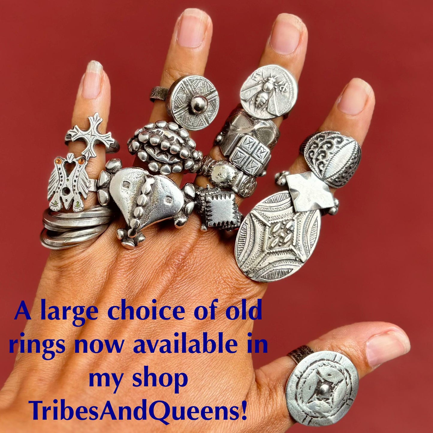 Grosse bague argent carrée boho chic, Bague tribale afghane miroir ancienne ethnique, Bague antique tribu nomade Pashtun, Cadeau pour femme