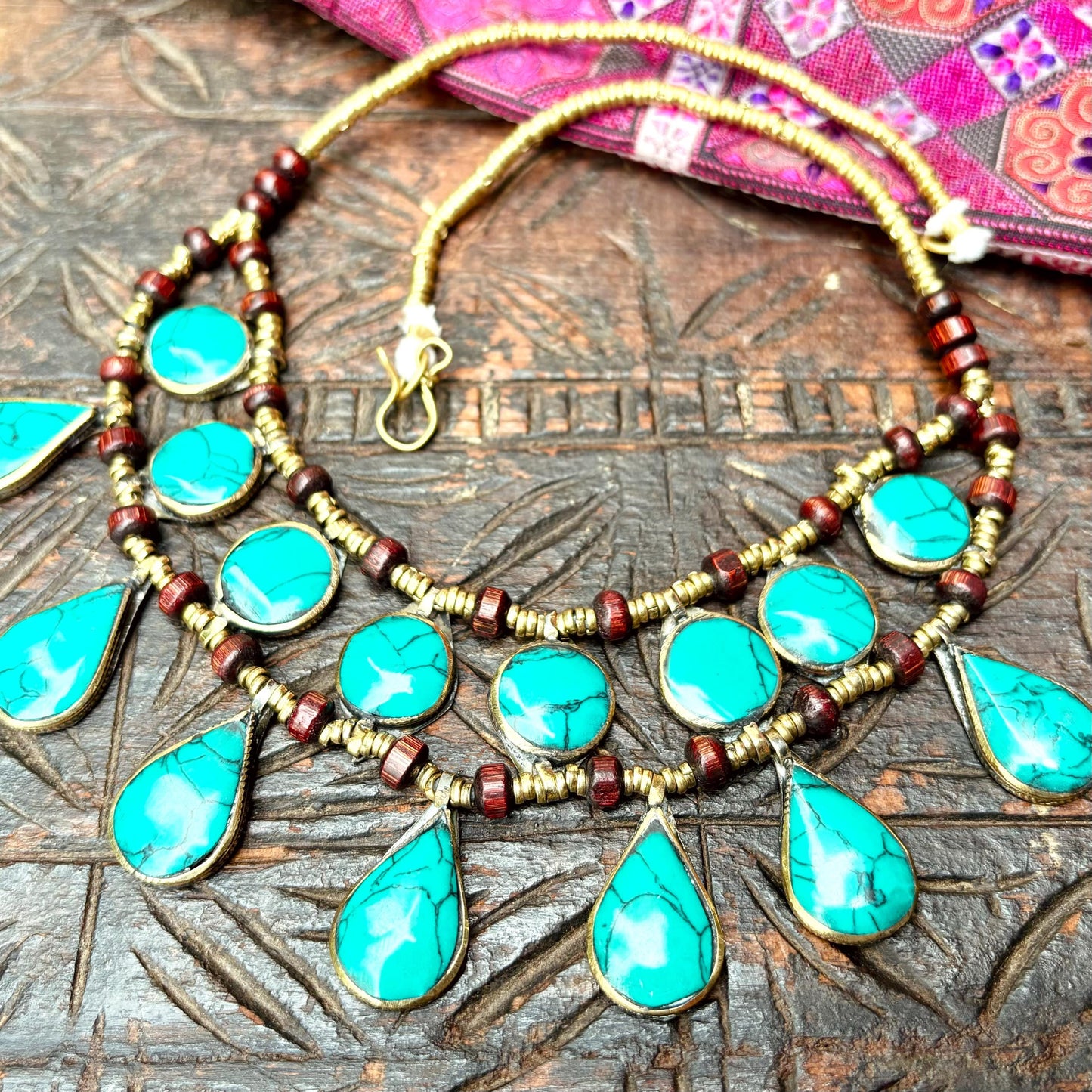 Collier turquoise plastron boho tribal, Collier pierre verte ethnique, Bijou afghan persan tribu Collier gypsy tribal fusion danse orientale