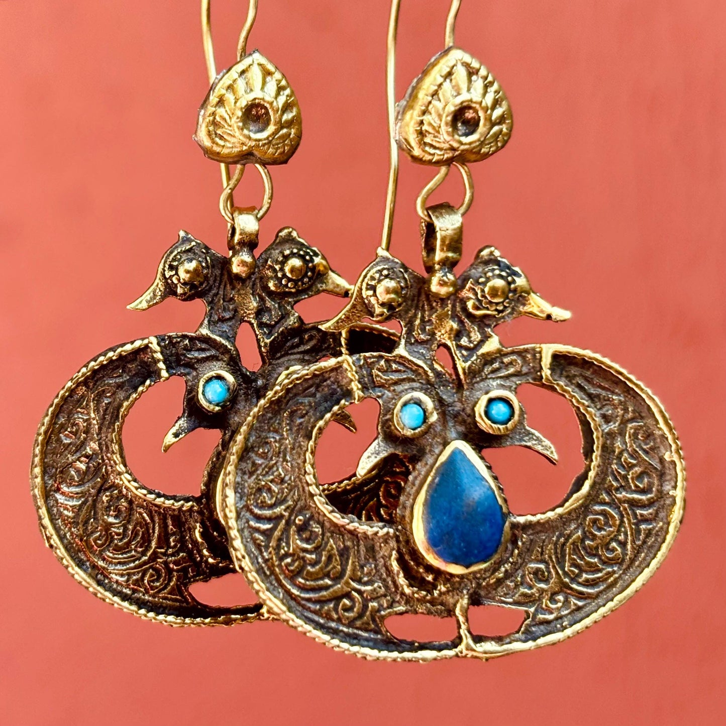 Boucles d'Oreilles Paon Afghanes Dorées - Bijou Ethnique Tribal Vintage