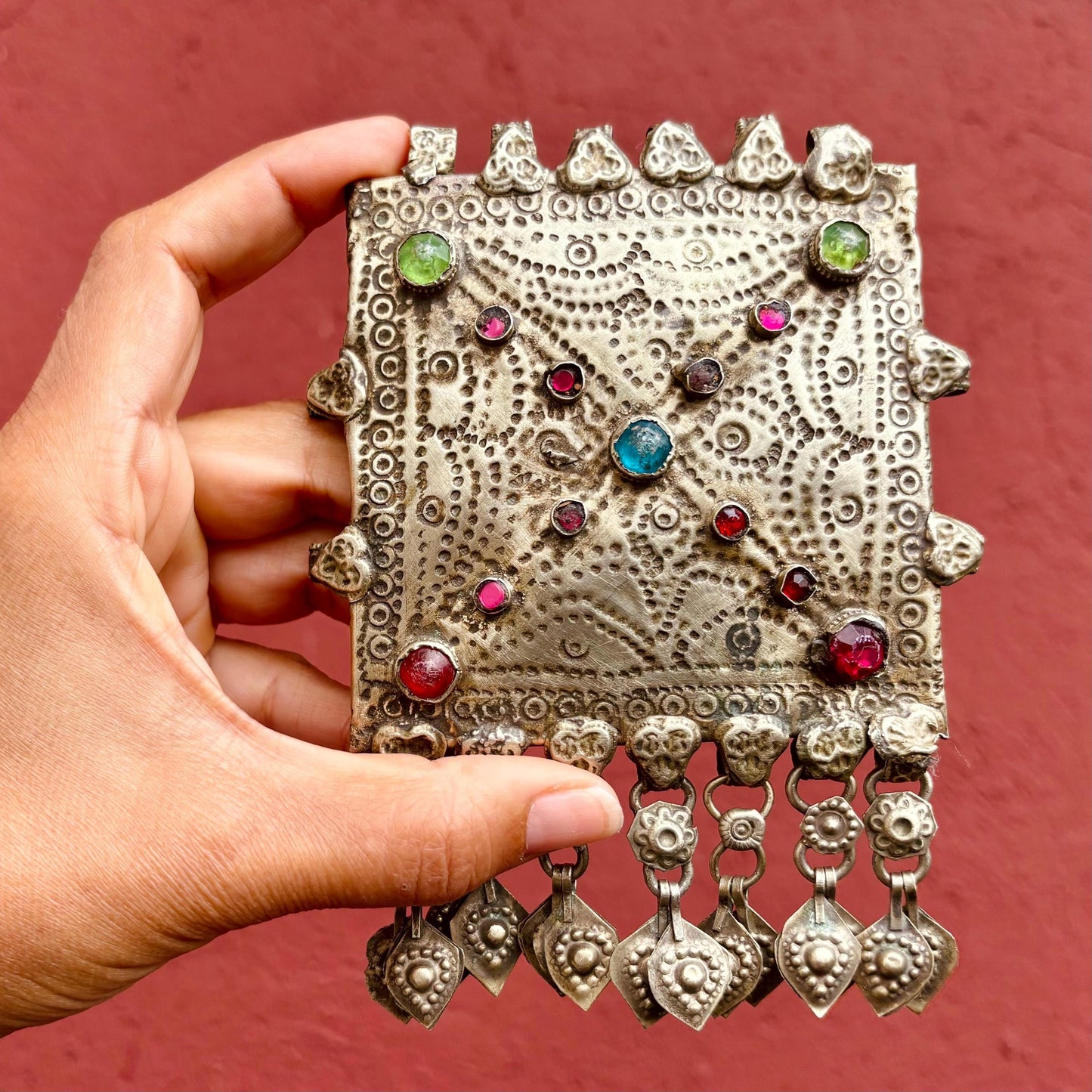 Pendentif Tribal Carré Gravé Afghan Kuchi - Bijou Ethnique Vintage Breloques - Danse Orientale Bohème Statement