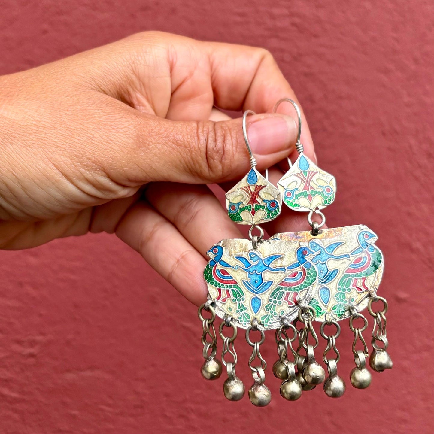 Boucles d'oreilles émaillées paon afghanes - Bijou tribal ethnique oriental vintage