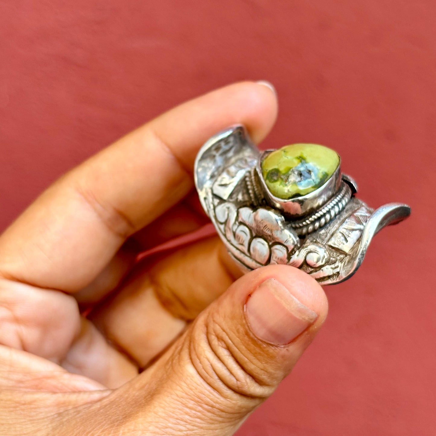 Bague Tibétaine argent turquoise - Bague selle ancienne pierre verte ajustable