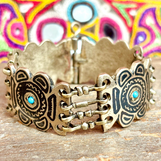 Bracelet vintage oriental boho articulé décoré - Vieux bracelet panneaux métal niellé afghan