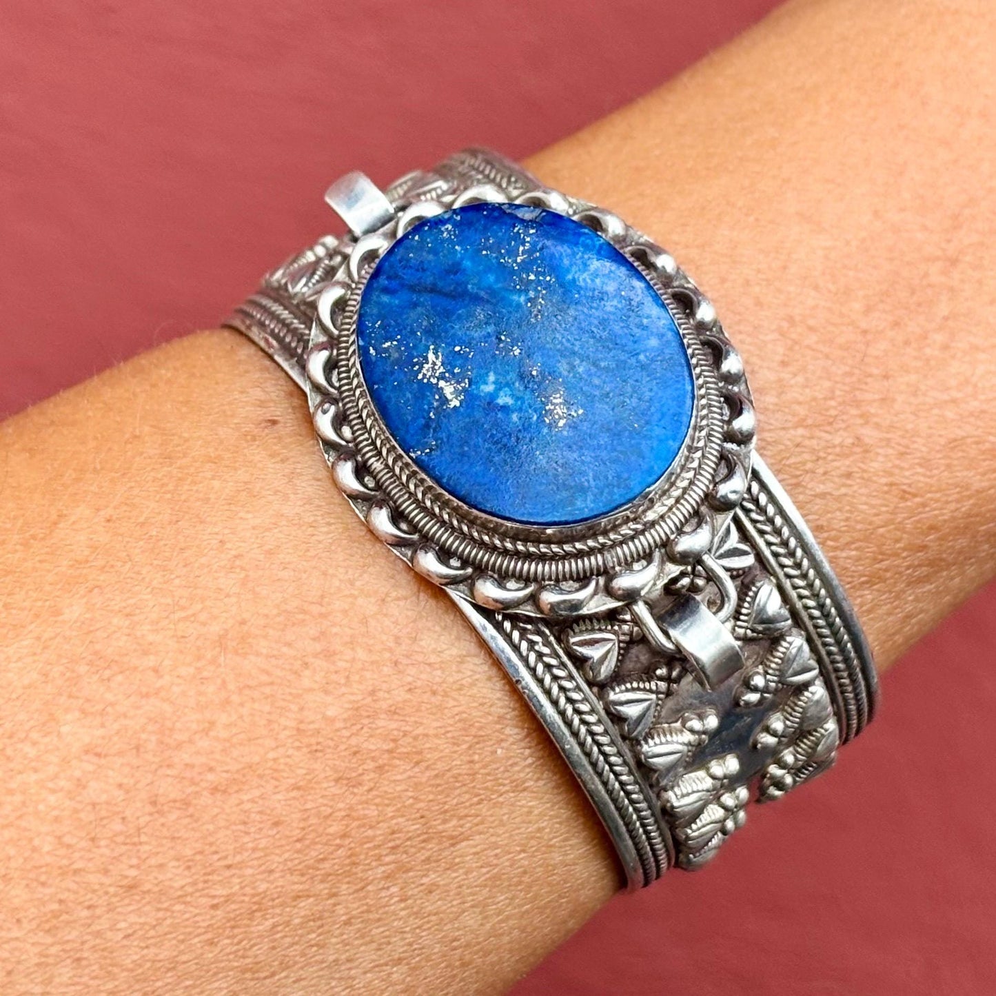 Bracelet argent sterling lapis-lazuli - Manchette ethnique vintage orientale boho indien Rajasthan