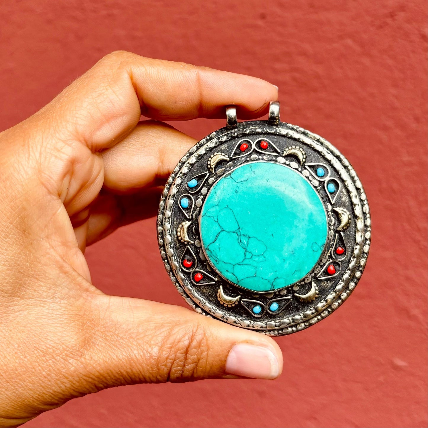 Pendentif Turkmène Rond Turquoise Argent - Bijou Tribal Ethnique Pierre Bleu Vert - Statement Oriental Vintage