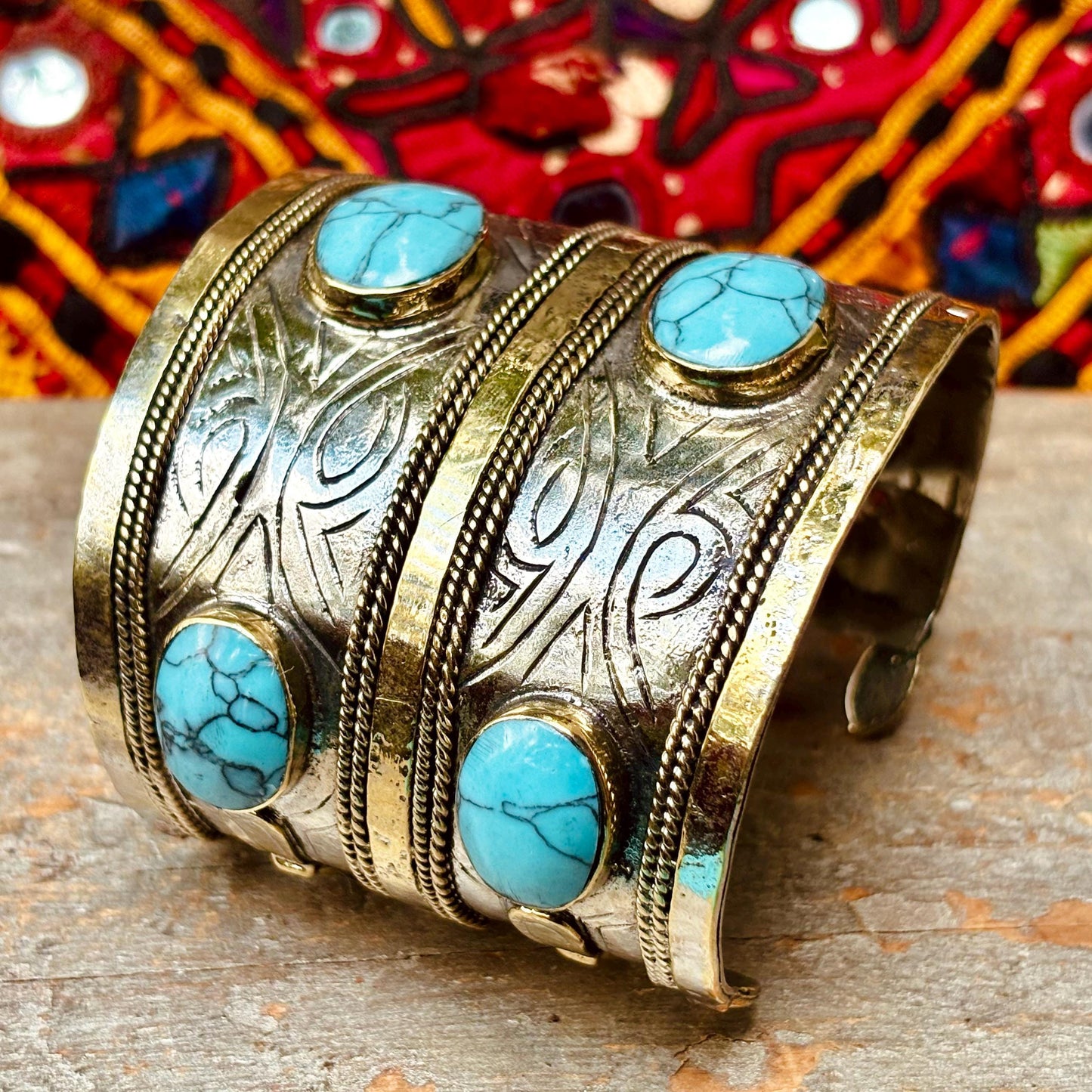Bracelet manchette ethnique turquoise argenté boho - Bijou Turkmène afghan pierre bleue style bohème oriental