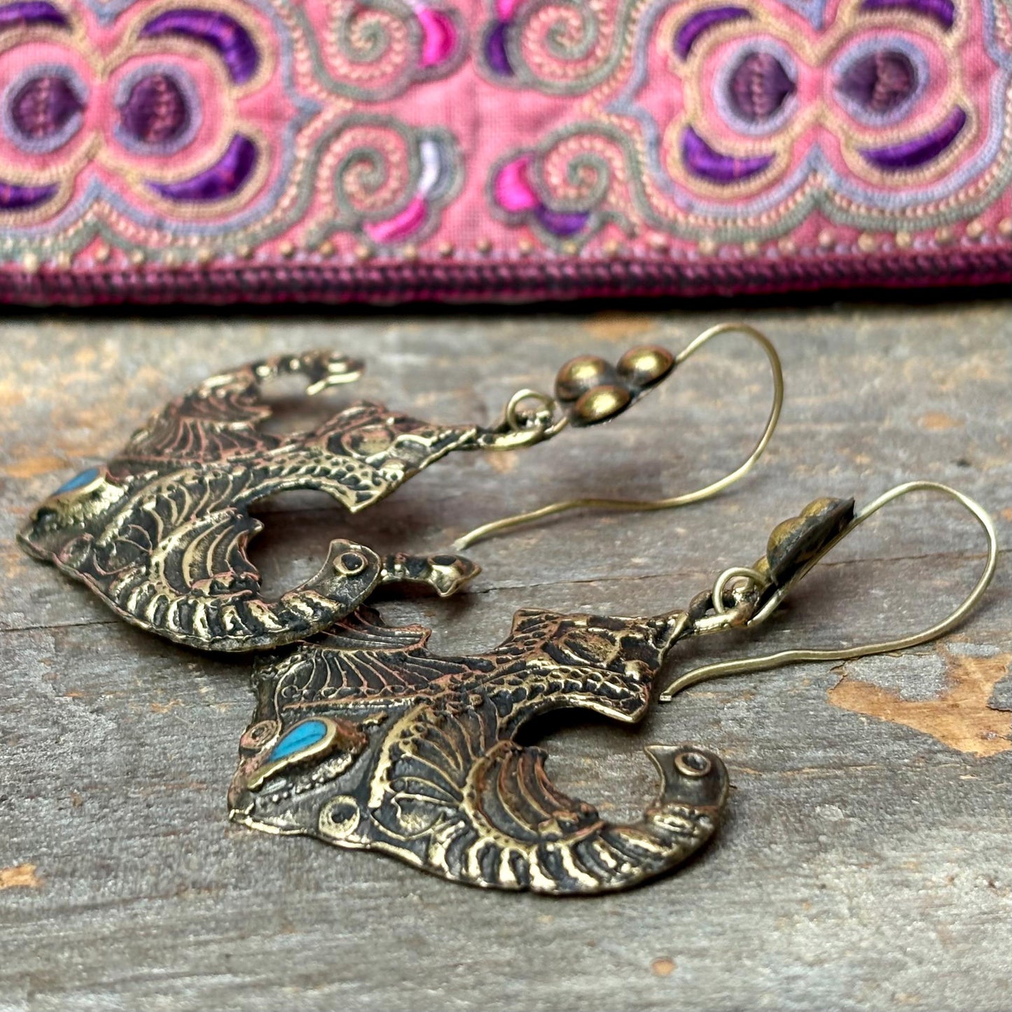 Boucles oreille paon, Boucles ethniques, Bijoux nomades tribus, Bijoux afghans, Inde Rajasthan, Boucles vintage gypsy boho Cadeau pour femme