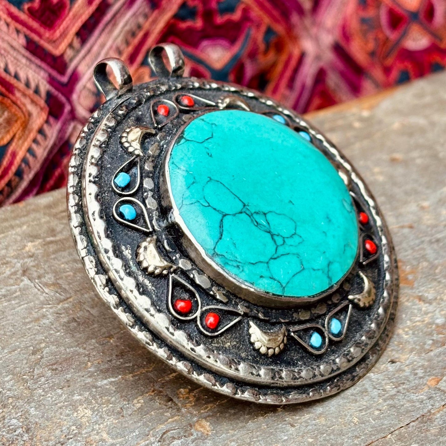 Pendentif Turkmène Rond Turquoise Argent - Bijou Tribal Ethnique Pierre Bleu Vert - Statement Oriental Vintage