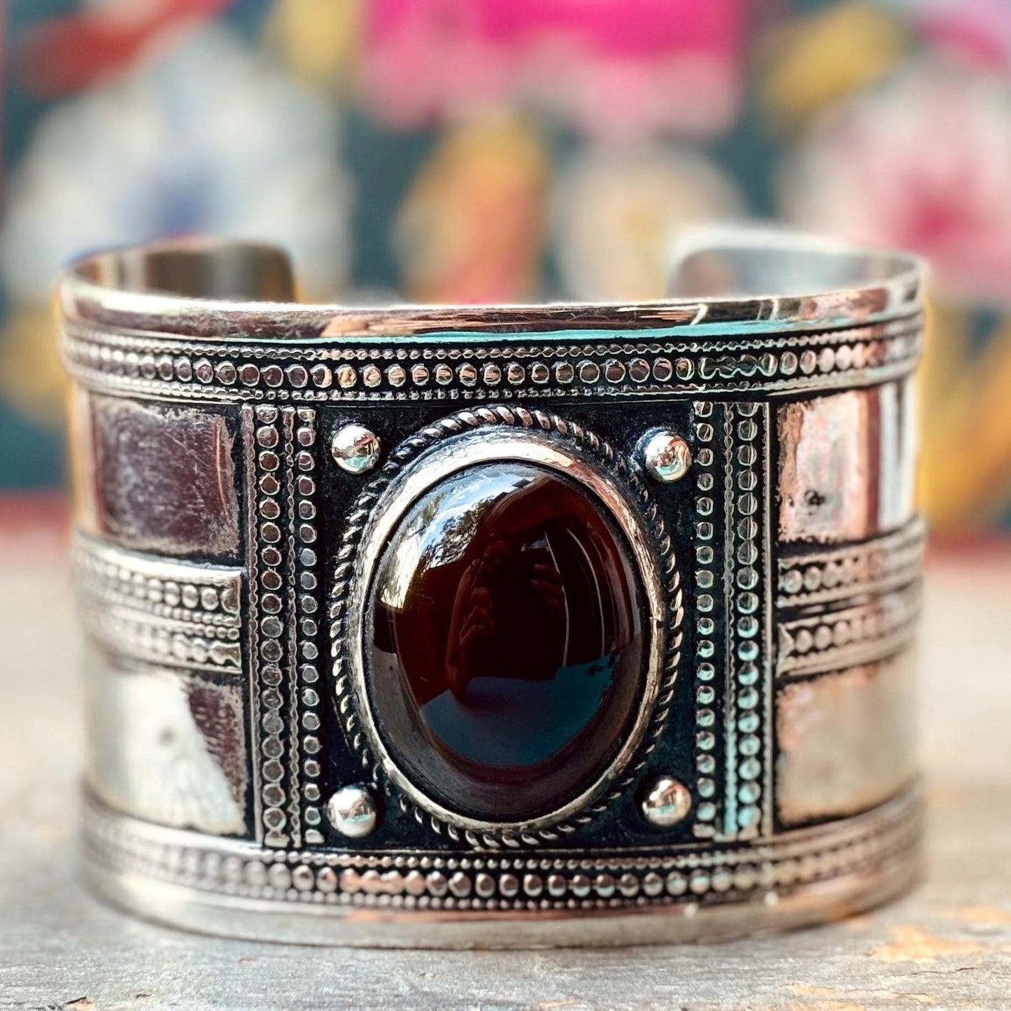 Bracelet manchette rigide agate boho - Bijou ethnique turkmène artisanal