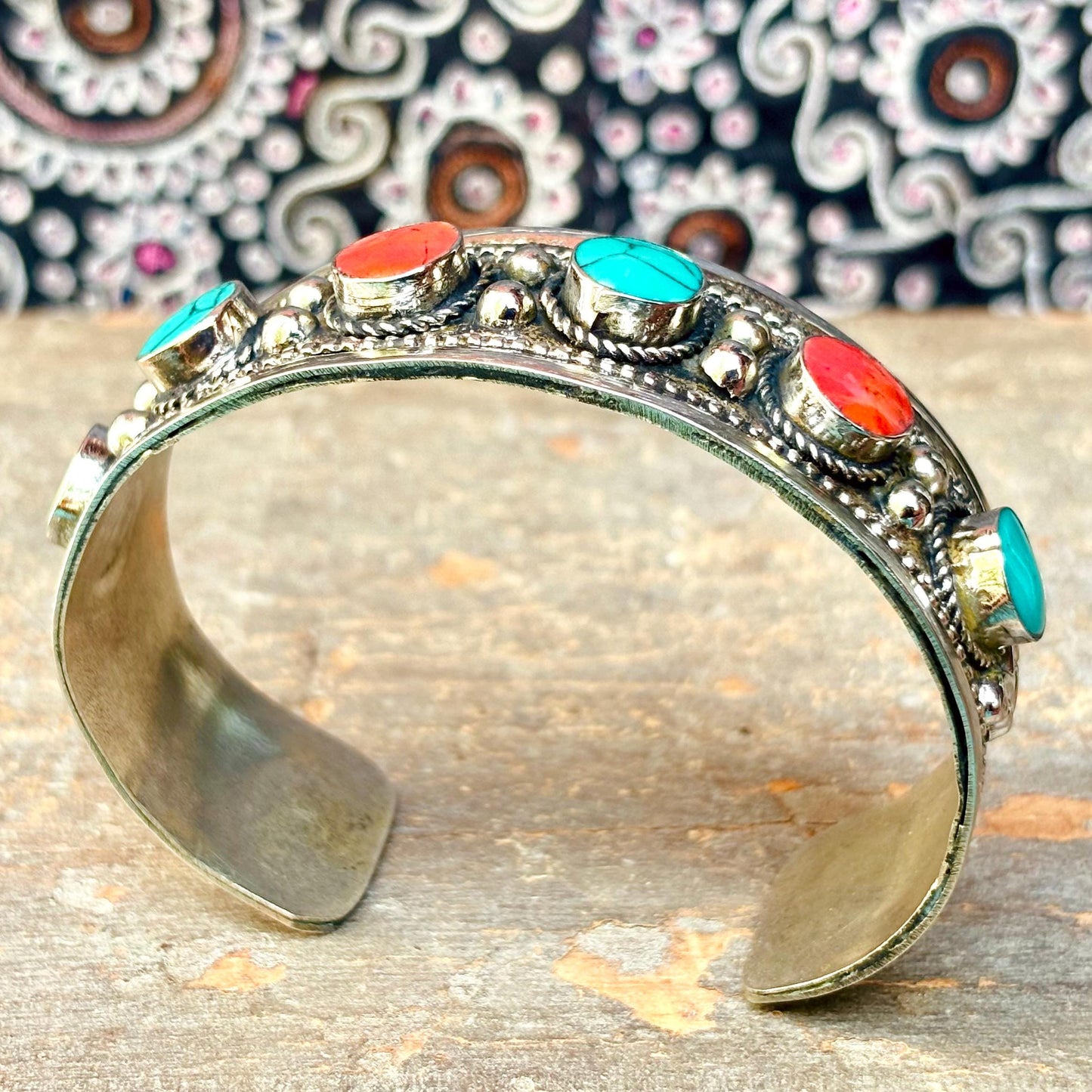 Bracelet Manchette Turkmène Turquoise Corail - Bijou Ethnique Afghan Argent