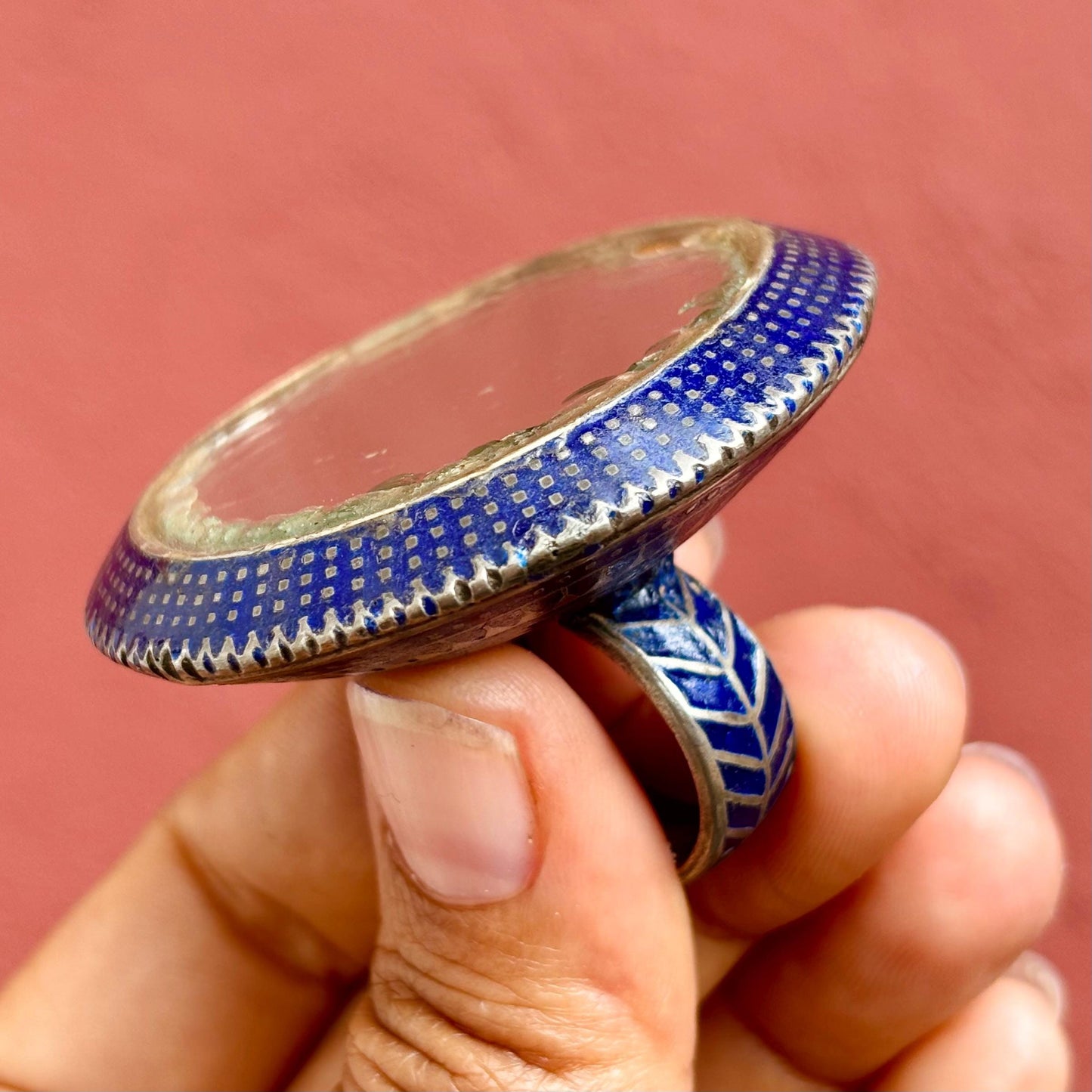 Bague Argent Émaux Bleus Multan Pakistan - Grande Bague Ronde Tribale Miroir Ethnique Vintage Collection