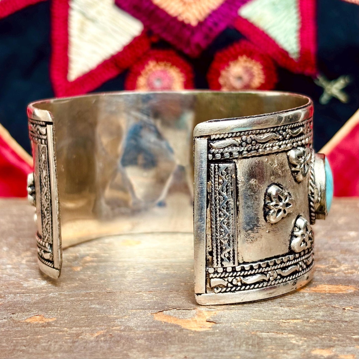 Bracelet Manchette Turquoise Argenté - Bijou Ethnique Afghan Turkmène - Style boho tribal