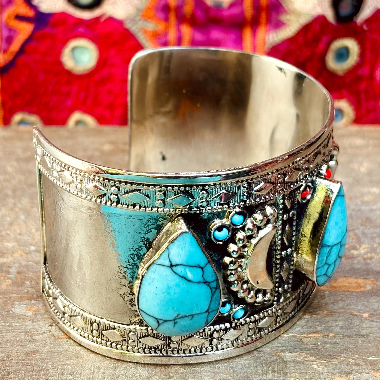 Bracelet manchette argenté turquoise - Bijou ethnique turkmène artisanal boho