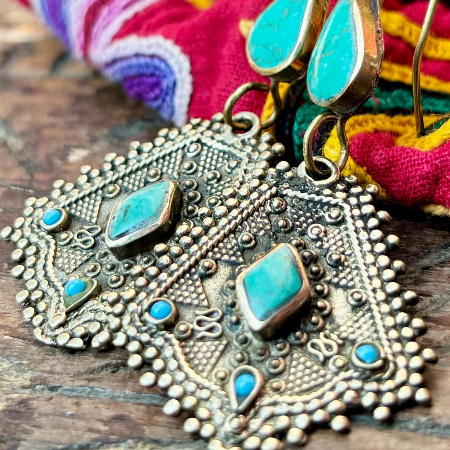 Boucles d’oreille turquoise ethniques tribales pierre verte, Style boho asiatique danse orientale gypsy bohème, Bijou afghan, Cadeau femme