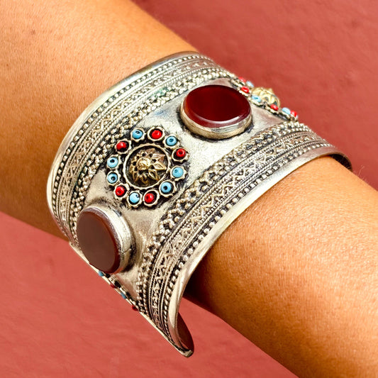 Bracelet manchette rigide cornaline - Bijou ethnique turkmène style bohème chic