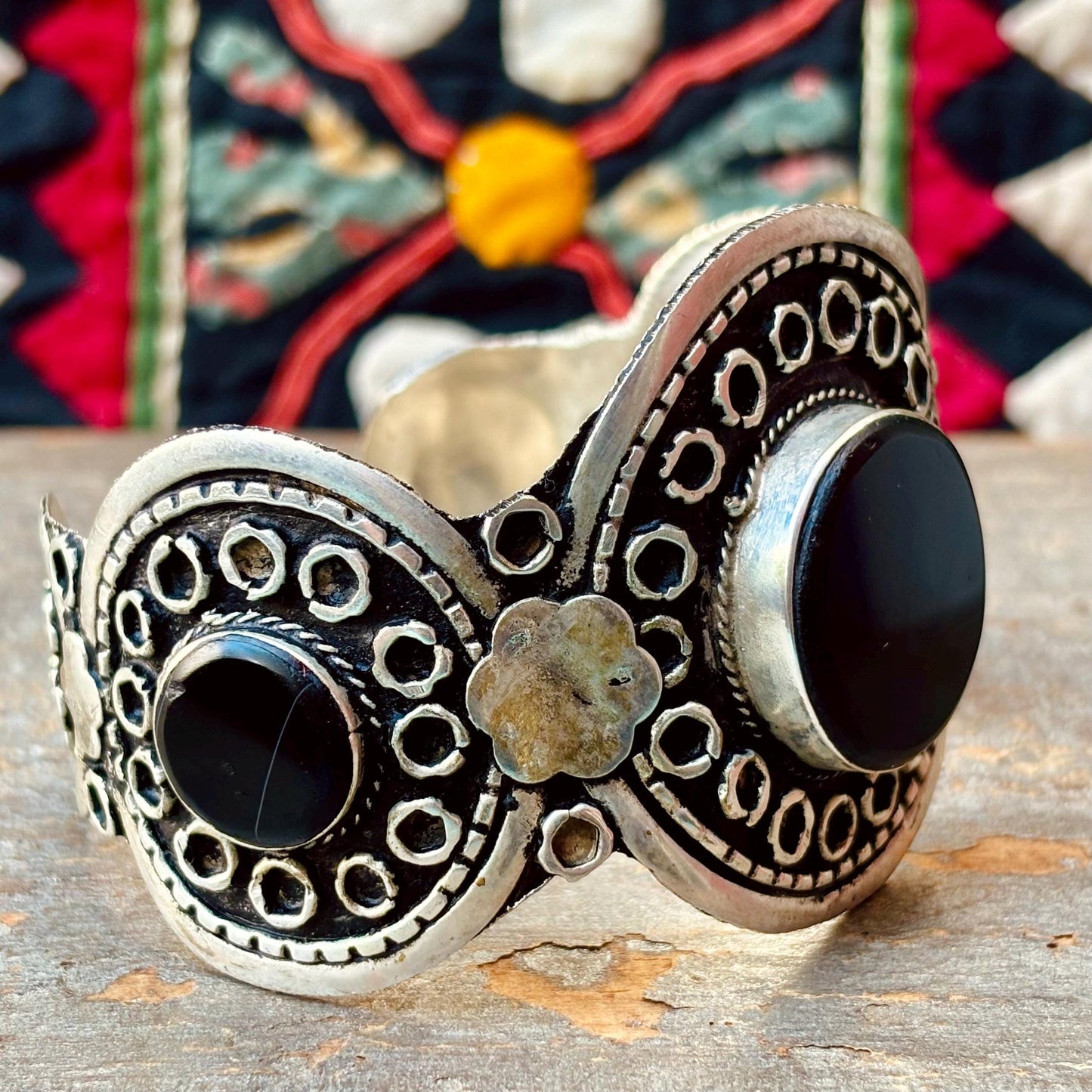 Bracelet Manchette Agate noire Argenté Vintage | Bijou Ethnique Turkmène Afghan