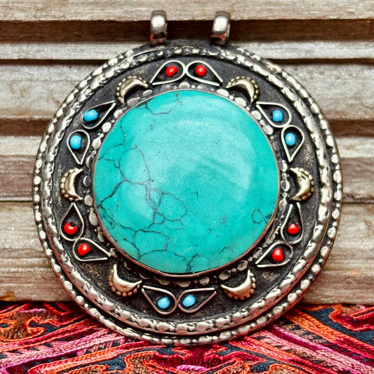 Pendentif Turkmène Rond Turquoise Argent - Bijou Tribal Ethnique Pierre Bleu Vert - Statement Oriental Vintage