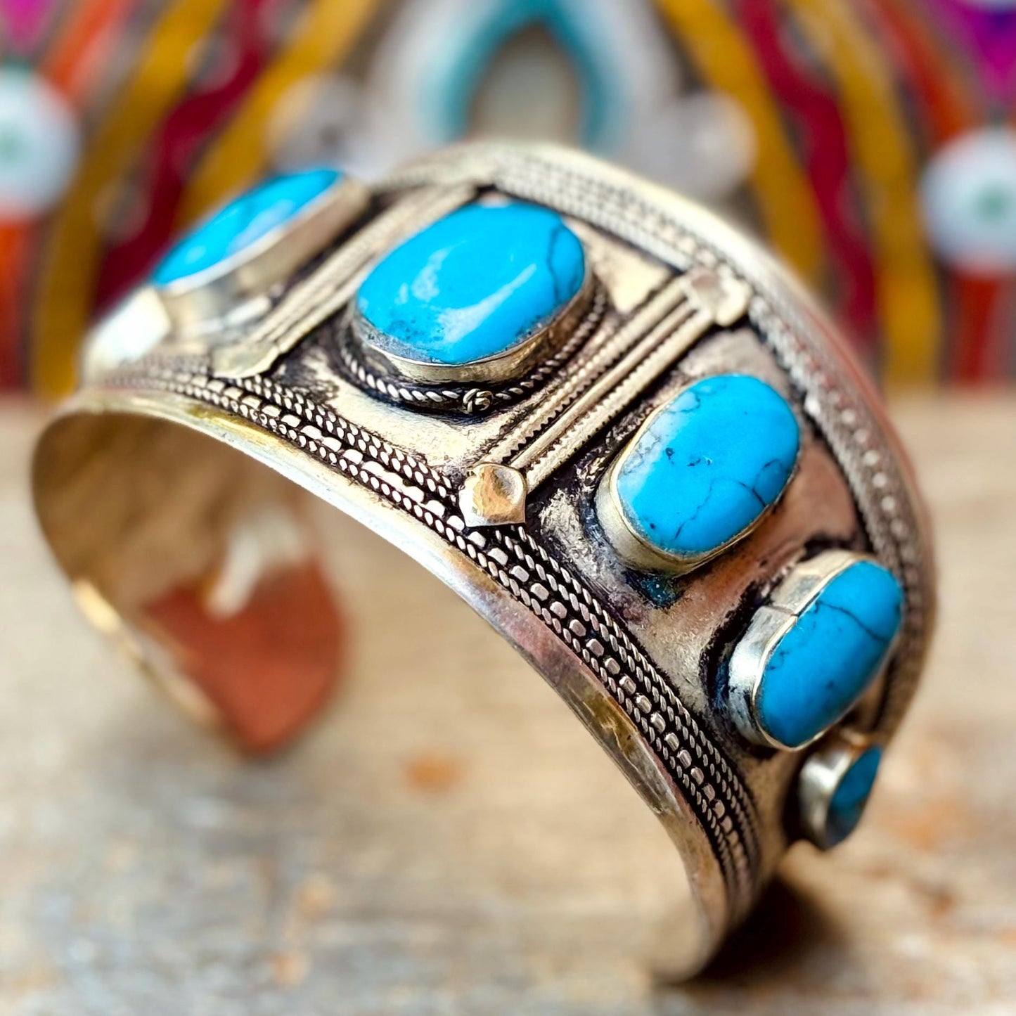 Bracelet turquoise argenté pierre bleue - Manchette ethnique turkmène artisanale