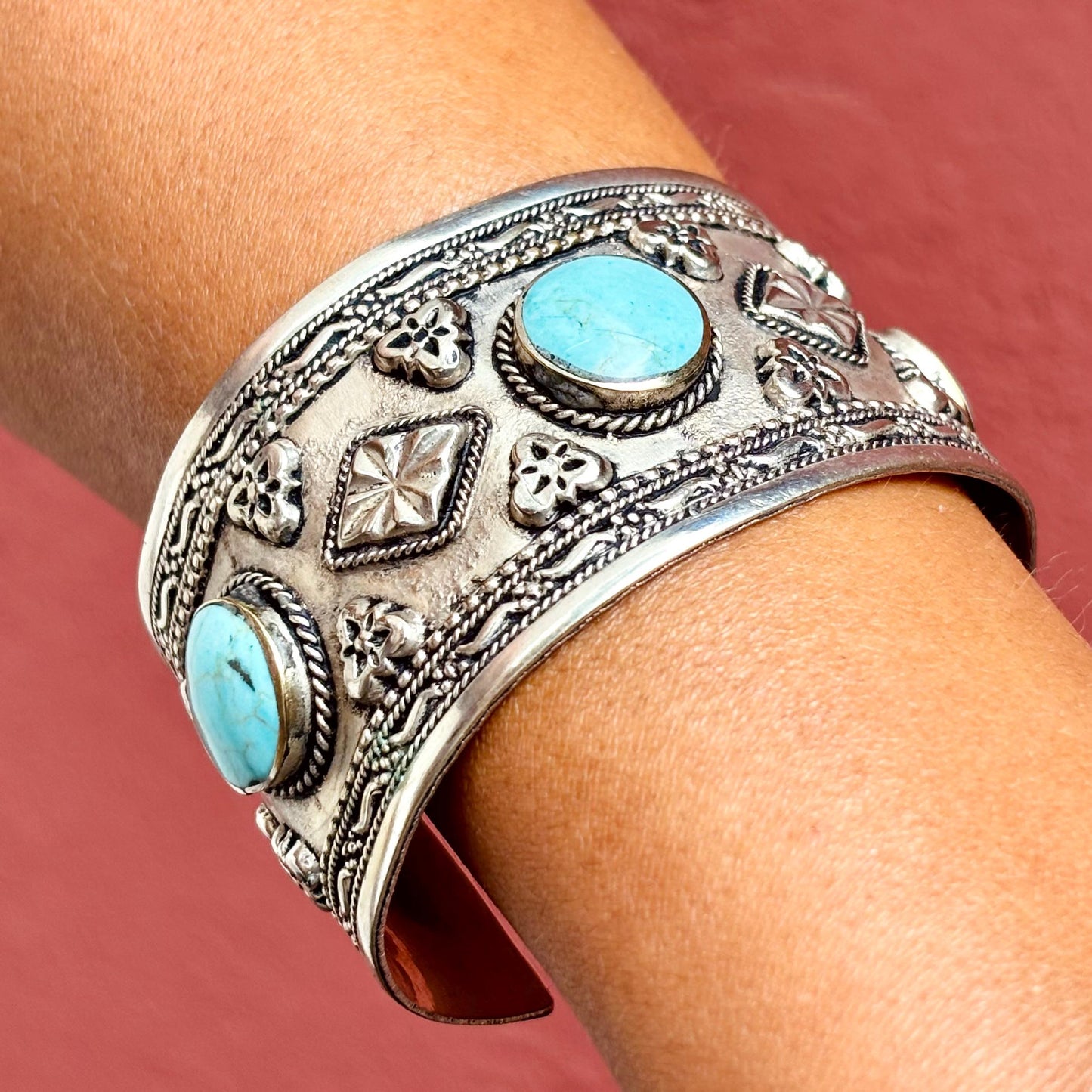 Bracelet Manchette Turquoise Argenté - Bijou Ethnique Afghan Turkmène - Style boho tribal