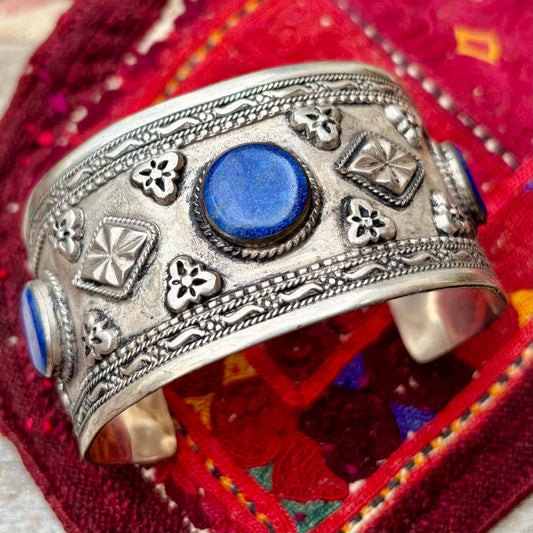 Bracelet lapis-lazuli manchette ethnique vintage orientale - Bijou tribal pierre bleue artisanat turkmène