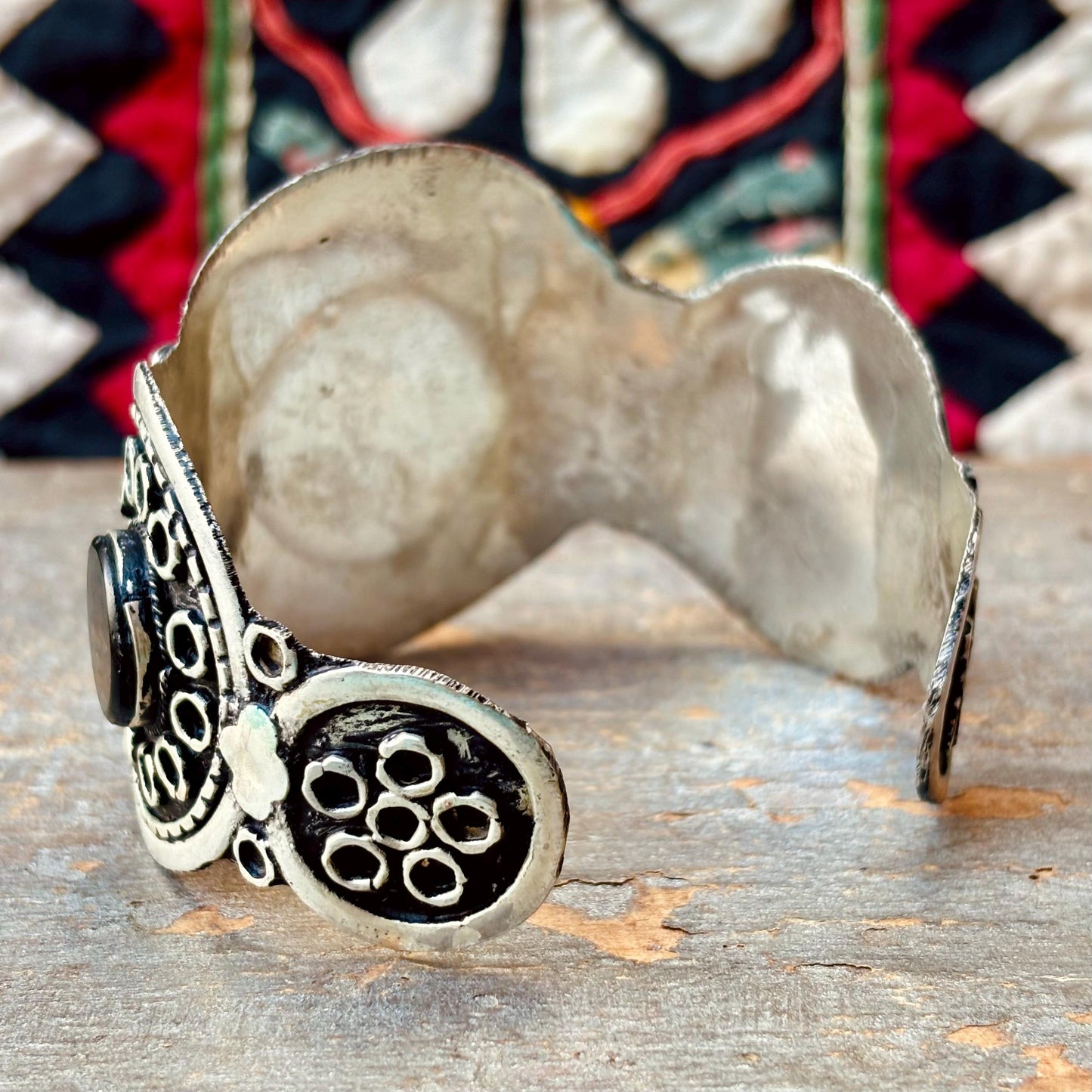 Bracelet Manchette Agate noire Argenté Vintage | Bijou Ethnique Turkmène Afghan