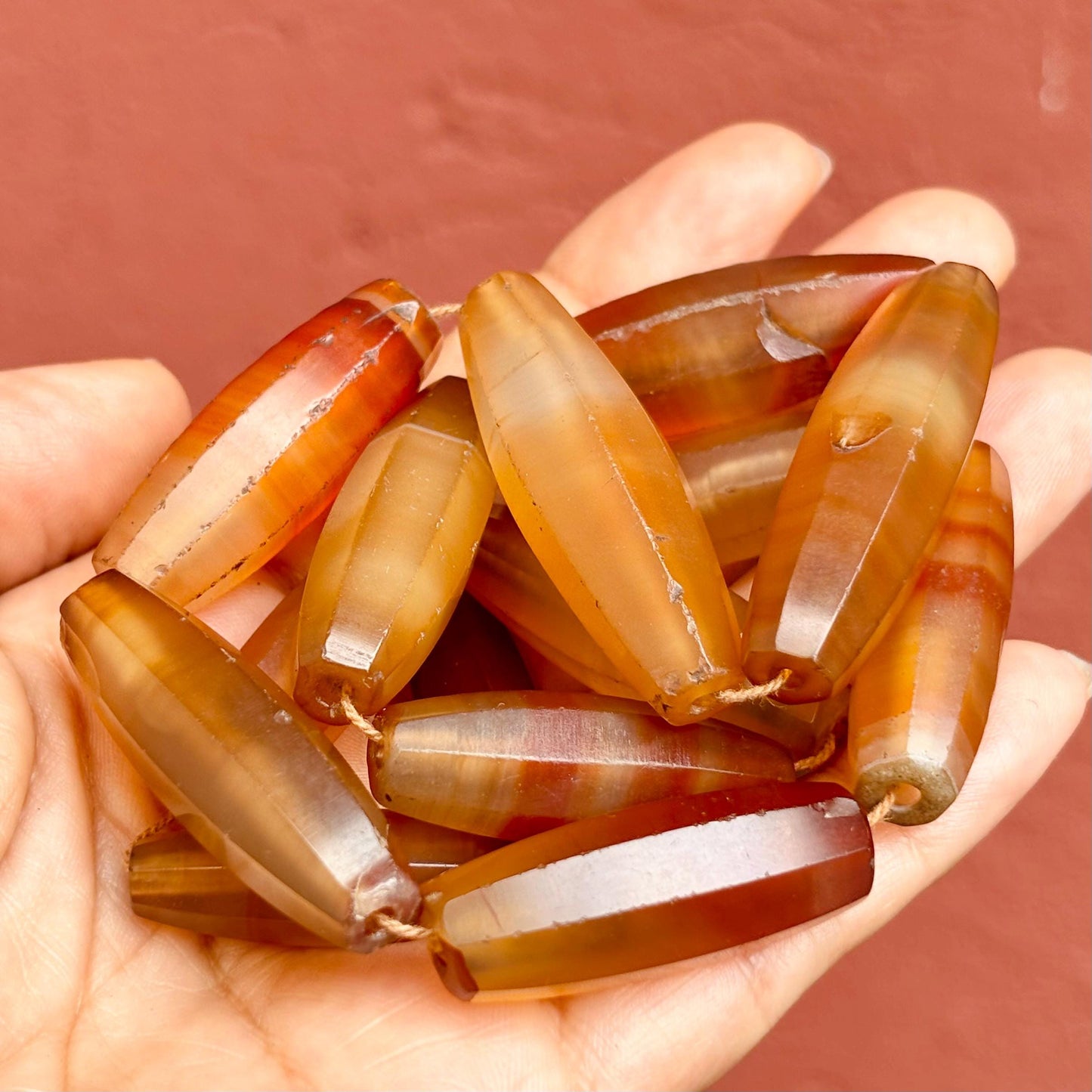 Perles Agate Antiques Idar Oberstein - Perles de Commerce Vintage Africaines - Tube Facetté Bicône Création Bijoux