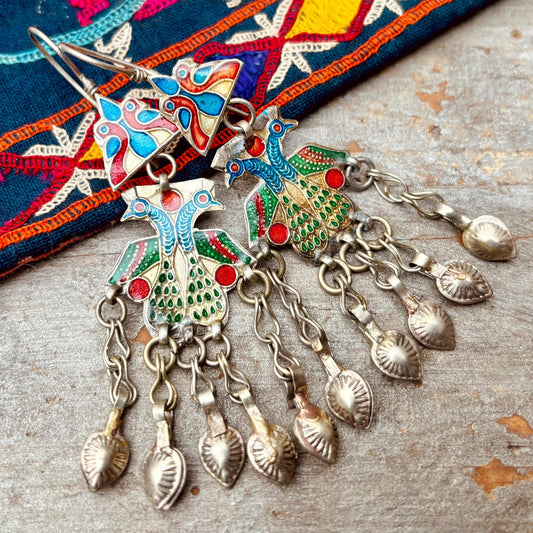 Boucles d’oreille émaillées orientales, Paons,Bijou tribal ethnique, asiatique, Vintage Rétro Afghan, Costume tribal, Artisanat Afghanistan