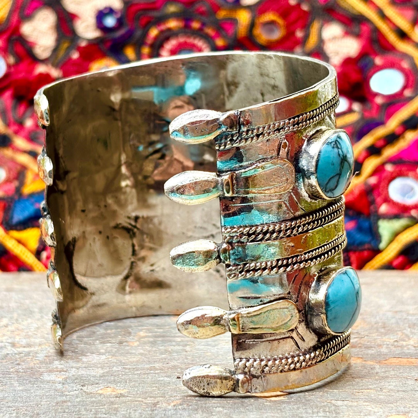 Bracelet manchette ethnique turquoise argenté boho - Bijou Turkmène afghan pierre bleue style bohème oriental