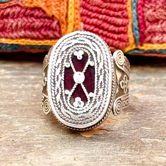 Bague argent filigrane ovale Turkmène Afghane Kazakh, Bague vintage ethnique tribale, Style boho ethnique bohème oriental, Cadeau pour femme
