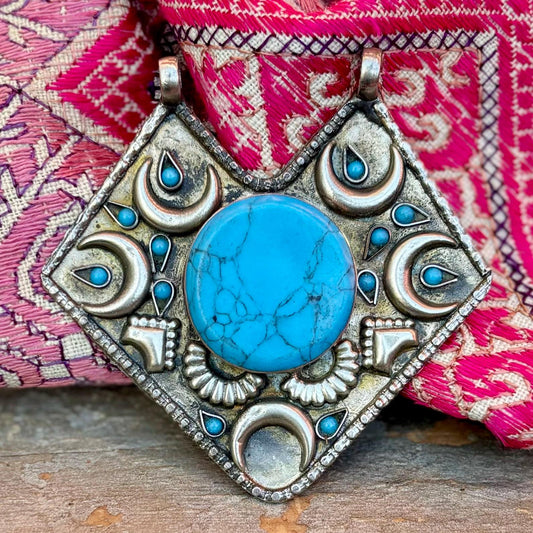 Pendentif turquoise ethnique pierre bleue, Collier tribal oriental, Pendentif losange argenté, Collier afghan traditionnel Asie vintage