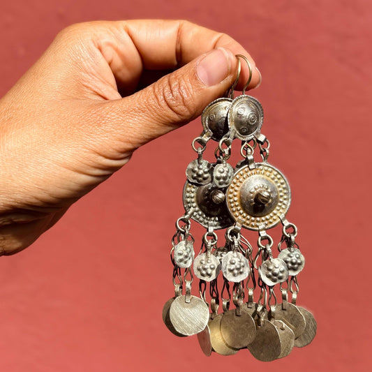 Boucles d'Oreilles Tribales Afghanes Vintage Argentées - Bijou Ethnique Inde Afghanistan - Statement Bohème Oriental