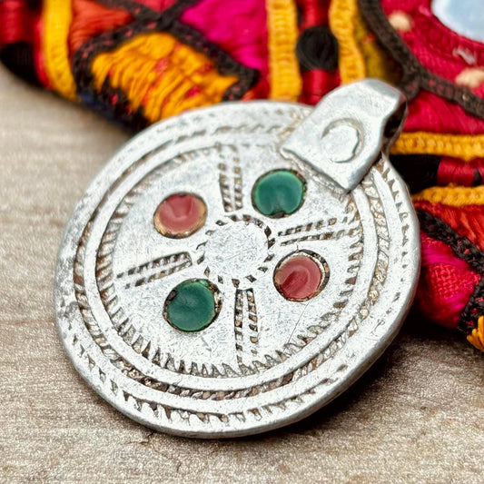 Pendentif rond aluminium vintage, Pendentif ancien métal Ethiopie africain, Antiquités Ethiopie Amulette Talisman, Bijou ethnique tribal