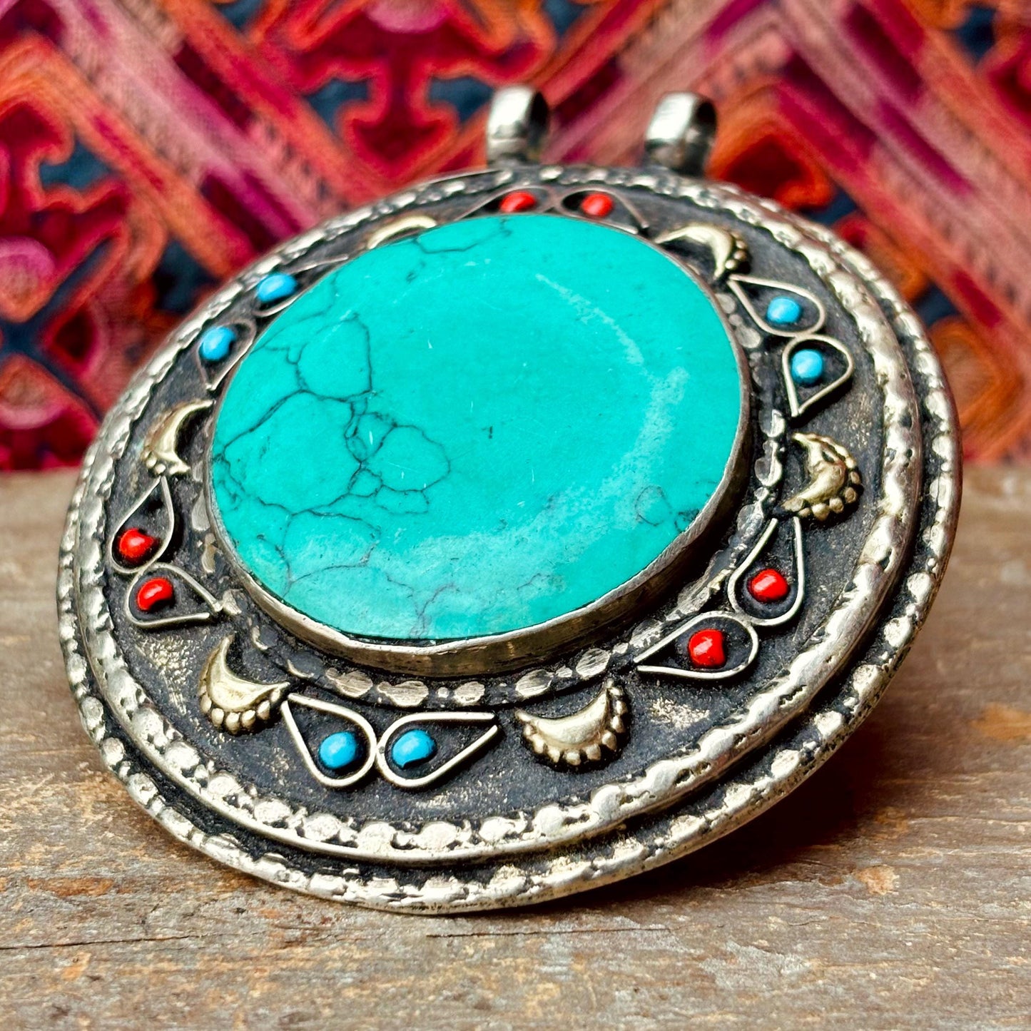 Pendentif Turkmène Rond Turquoise Argent - Bijou Tribal Ethnique Pierre Bleu Vert - Statement Oriental Vintage
