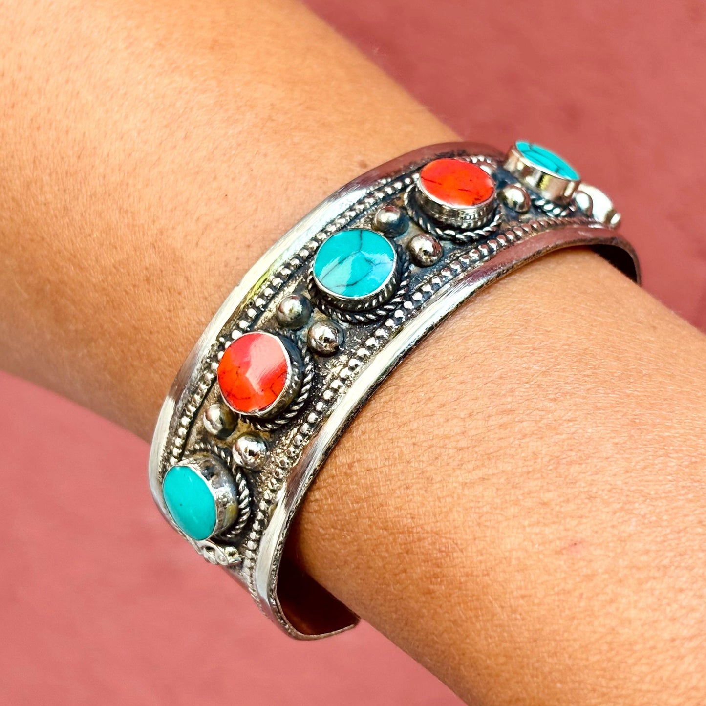 Bracelet Manchette Turkmène Turquoise Corail - Bijou Ethnique Afghan Argent