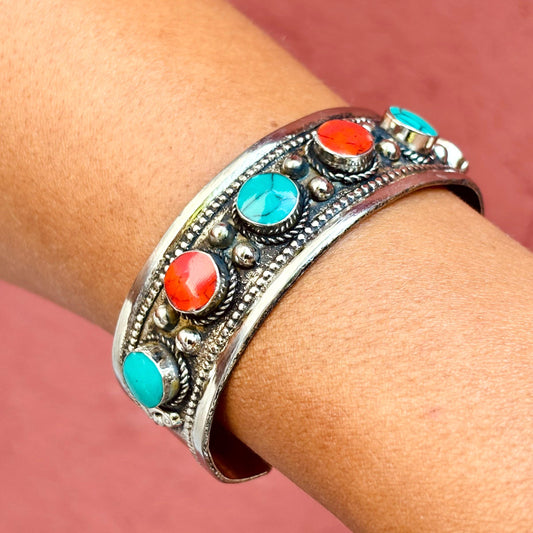 Bracelet Manchette Turkmène Turquoise Corail - Bijou Ethnique Afghan Argent
