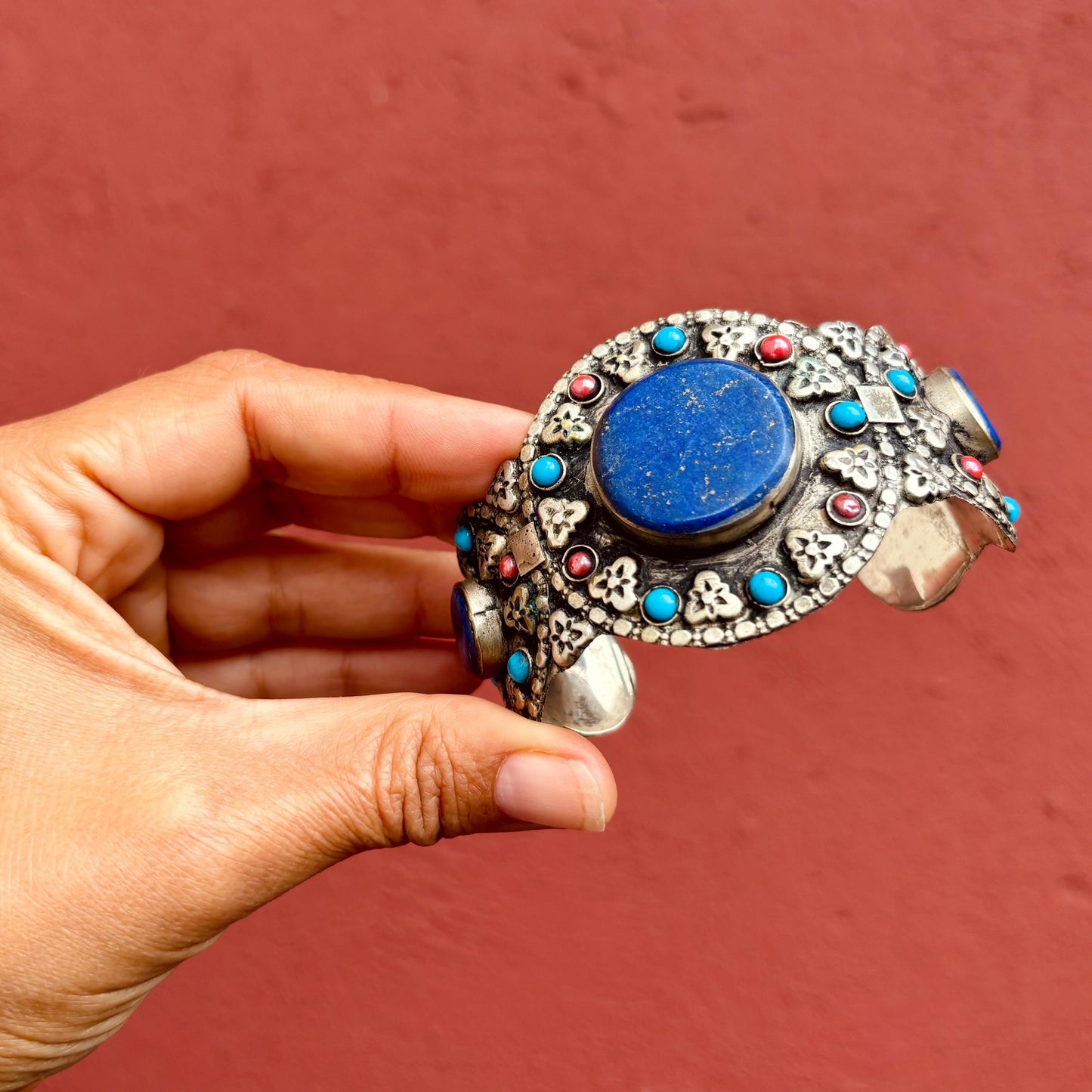 Bracelet manchette lapis-lazuli - Bijou ethnique turkmène pierre bleue