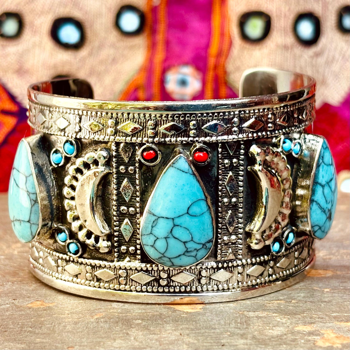 Bracelet manchette argenté turquoise - Bijou ethnique turkmène artisanal boho