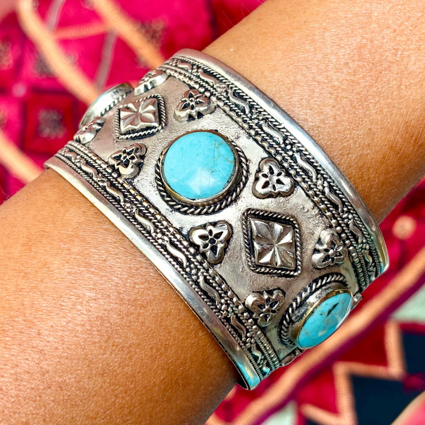 Bracelet Manchette Turquoise Argenté - Bijou Ethnique Afghan Turkmène - Style boho tribal